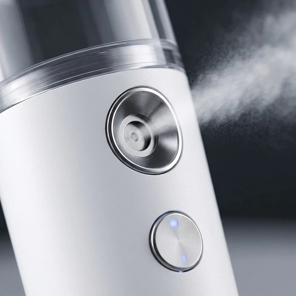Close-up of a mini nano mist facial steamer showing mist diffusion for skin hydration.