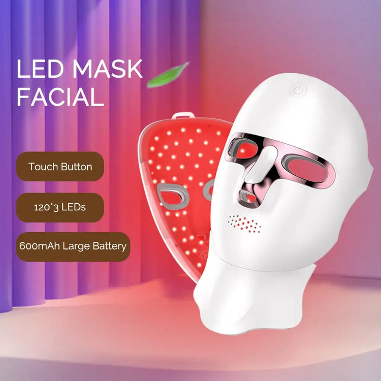 7 Color LED Facial & Neck Mask with touch button and 120 LEDs for effective skin rejuvenation.