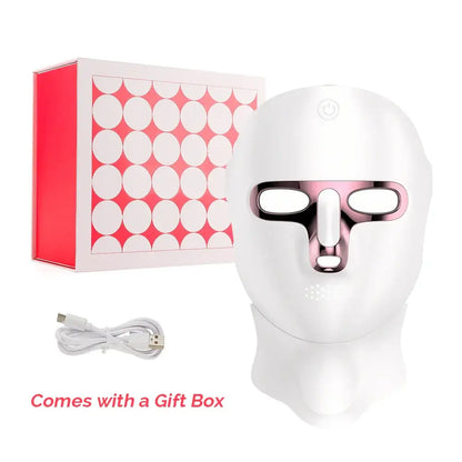 7 Color LED Facial & Neck Rejuvenation Mask with gift box and charging cable, perfect for home skin therapy.